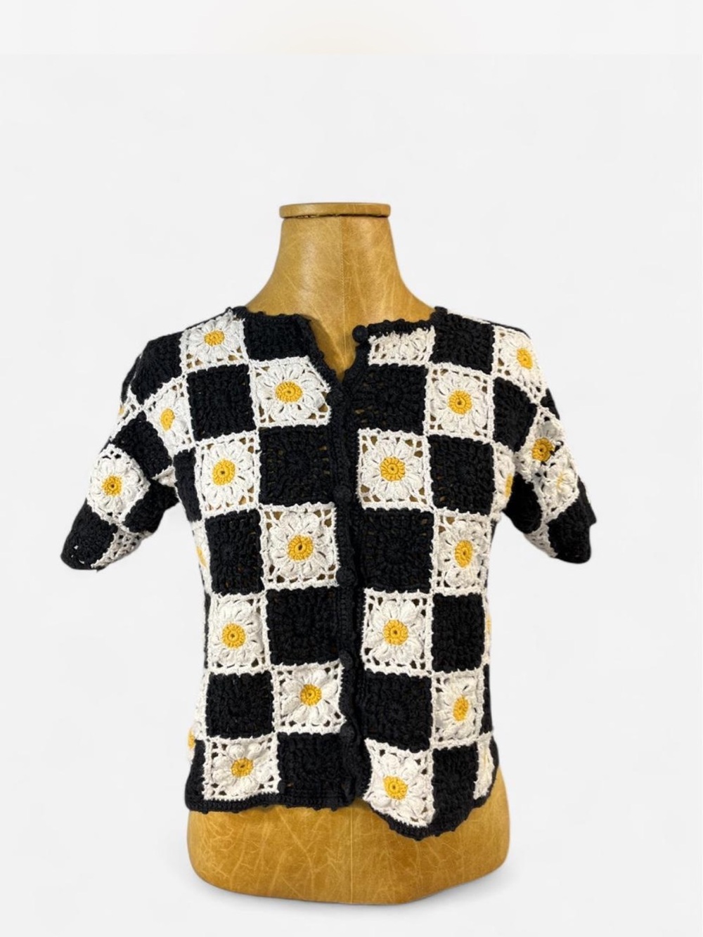 Handmade Black & White Daisy Crochet Short Sleeve Top